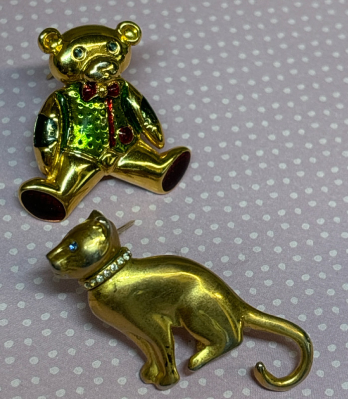 Rhinestone Cat Brooch Teddy Bear Brooch Vintage