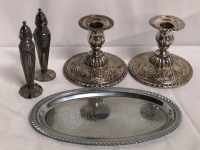 Vintage Silver Plate Lot - 5" Salt & Pepper Shakers and 4" Candle Holders+