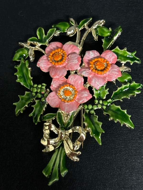 Vintage Large Enamel & Pot Metal Bouquet Of Flowers Brooch