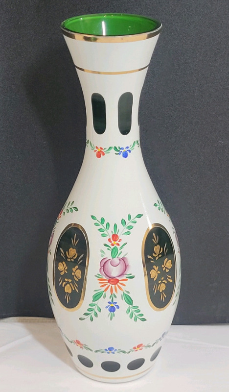 Vintage Czech Bohemia White Cased Green Glass Vase w/ Hand Painted Floral , measures 9.5" tall . No chips or cracks