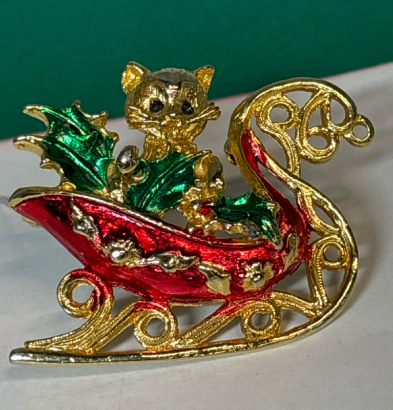 Vintage 1970s Cat in a Sleigh Enameled Brooch