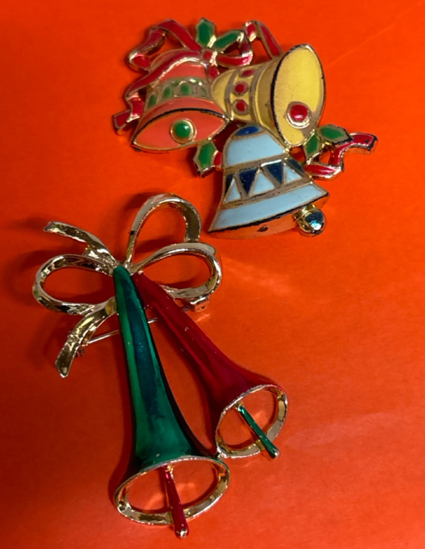 Two Enchanted Christmas Bell Brooches Vintage