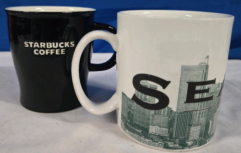 2 | Starbucks Coffee Cups | 1 2002 Vintage Series One/ Skyline Series Coffee Cup "Seattle " 4¼" Tall | & 1 2008 Bone China 4¼" Tall Coffee Cup