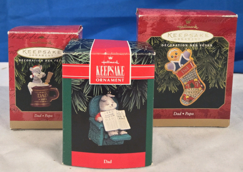 3 New Vintage 1992-1999 | Keepsake Dad Christmas Ornaments | 1 Stocking With Gingerbread Man | 1 Bear Sleeping In Chair Reading Newspaper & 1 Bear On a Coffee Cup | Box Height Ranges From 4"-4¾"