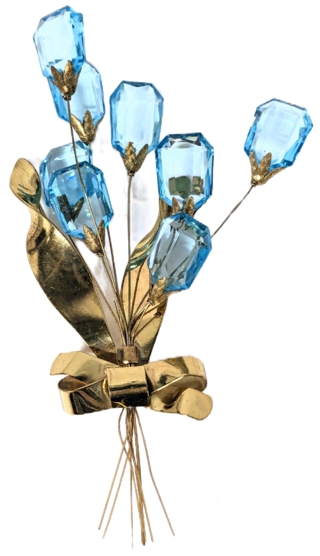 Large Vintage Tied Spray of Periwinkle Blue Cut Glass Blossoms on Gold Tone Brooch | 5" Long