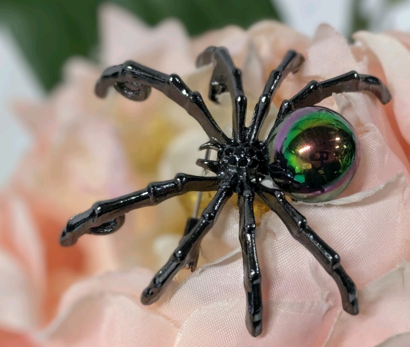 Large Dark Metal Spider Brooch with Watermelon Iridescent Abdomen | 1.9" x 1.5"