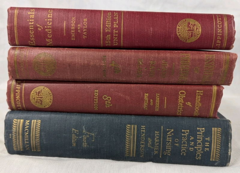 4 Vintage Hardcover Medical Texts. "Essentials of Medicine", "Essentials of Pediatrics", "Handbook of Obstetrics" and "The Principles and Practice of Nursing." Largest 8.5" Tall.