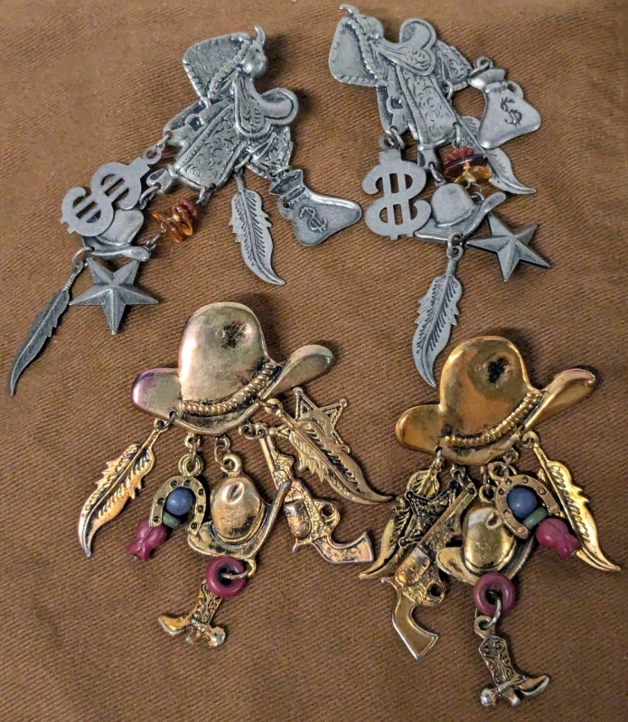 2 Pairs Vintage Dangly Western / Cowboy-Themed Dangly Earrings | Up to 3.75" Long