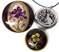 2 Vintage Signed Handpainted Olive Wood Jerusalem Brooches & Modern Silver Tone Cat Aromatherapy Pendant on Cord | 1.15" - 1.65" Diameter