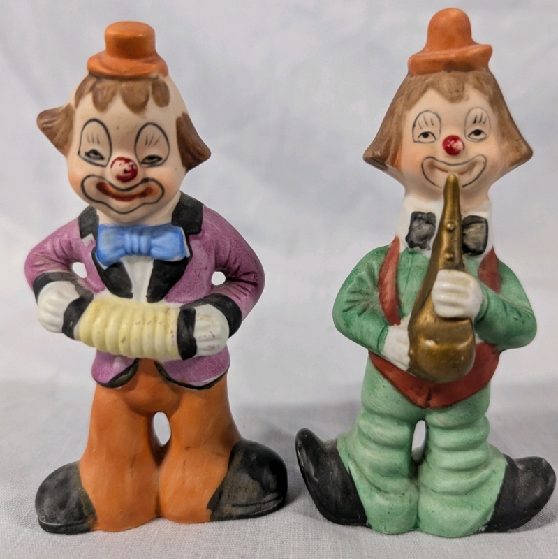 2 Vintage Ceramic Clowns. Horn Player Stamped with Korea Makers Mark. Tallest 4.25" Tall.