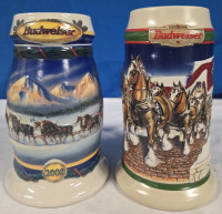 2 New Vintage 1998-2000 | Budweiser Holiday Christmas Steins | 1 #CS416 Holiday In The Mountains 7" Tall Stein | 1 # CS343 Grant's Farm Holiday 7" Tall Stein * No Chips Or Cracks *