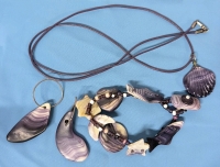 Gorgeous Vintage Purple Shell Jewelry: Hoop Earrings, Bracelet with Toggle & Necklace with 925 Sterling Silver Clasp