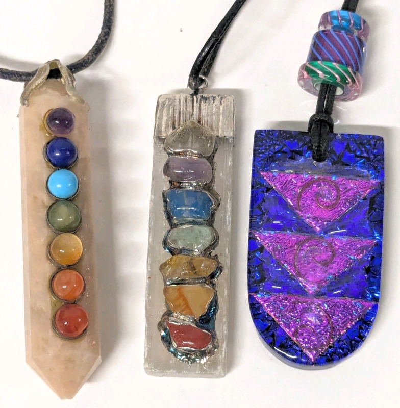 3 Vintage Necklaces | Fused Foil Glass, Presumed Quartz Wand with Chakra Stones + | Pendants up to 2.5" Long on Cords up to 35" Long