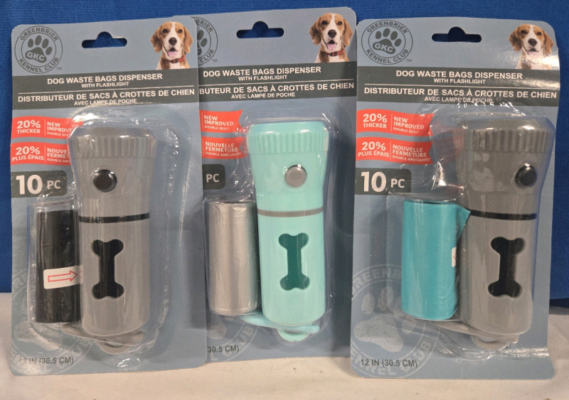 3 New Sealed | Dog Waste Bag Dispenser With Flashlight | 12 Inch Roll Of Dog Bags