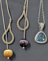 3 Vintage to Modern Necklaces | 2 Lariat with Polished Semi Precious Stones & Open-Back Watermelon Cut Glass | 18" - 20" Long