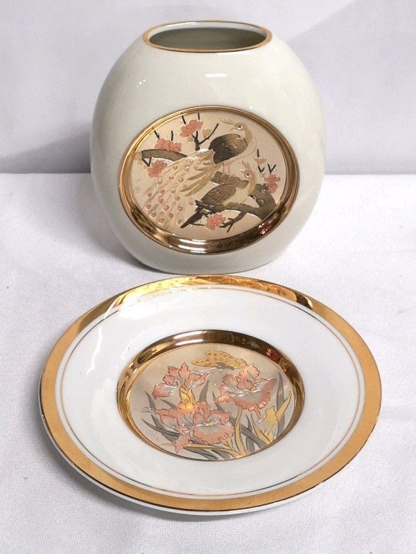 Vintage Decorative Vase 5.5" Tall and Plate 6" Diameter - Japan