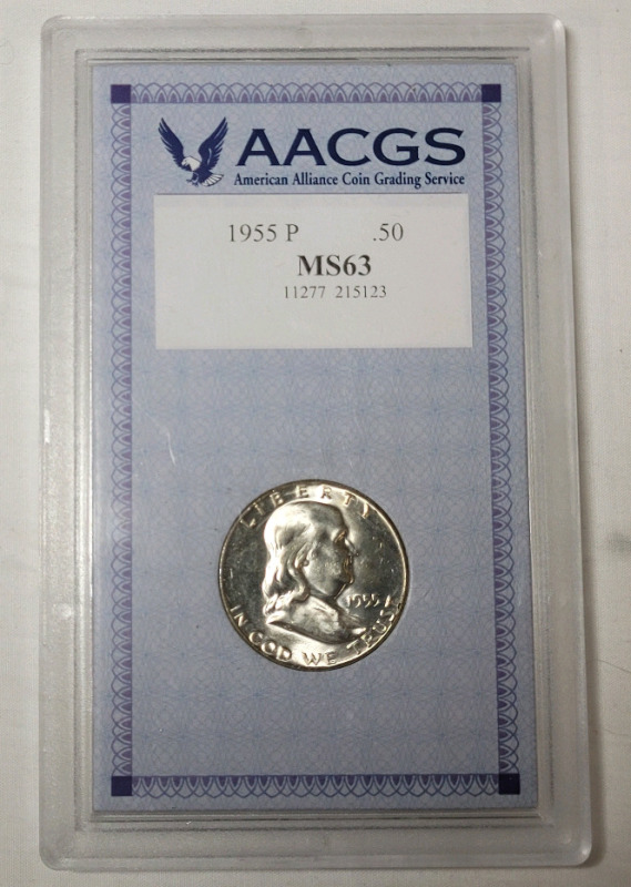 1955 P United States of America Silver 50 Cent Half Dollar Coin . AACGS Graded MS63