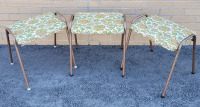 Vintage Mid-Century Modern Retro Stacking Stools , 3pc. Set . Each measures 16" tall . No rips or tears to fabric , some wear to metal legs .