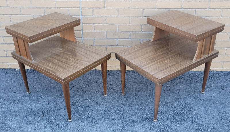 Vintage Mid-Century Modern Wooden End Tables , Pair . Measures 23" tall & 17 3/4"×23 3/4" . Some minor wear on sides and legs