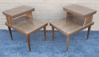 Vintage Mid-Century Modern Wooden End Tables , Pair . Measures 23" tall & 17 3/4"&times;23 3/4" . Some minor wear on sides and legs
