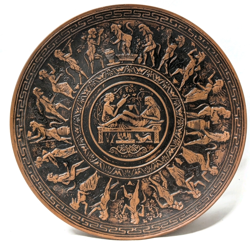 Vintage Grecian Reproduction Terracotta Bacchanalia Wall Plate w Dionysus & Satyrs | 13" Diameter