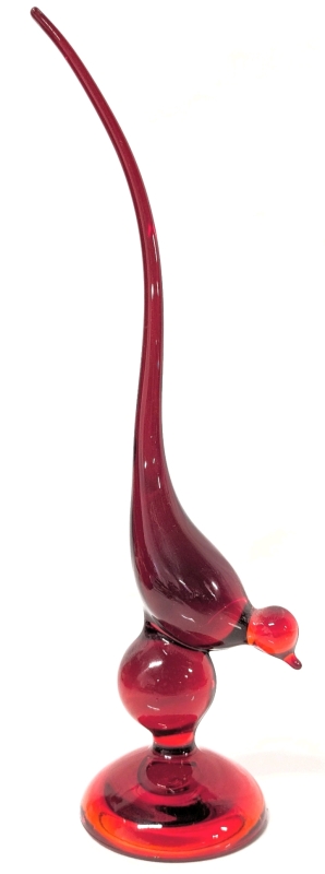 Vintage Unsigned Viking Ruby Art Glass Long-Tail Bird Figure with Glowing Cadmium | 10.75" Tall