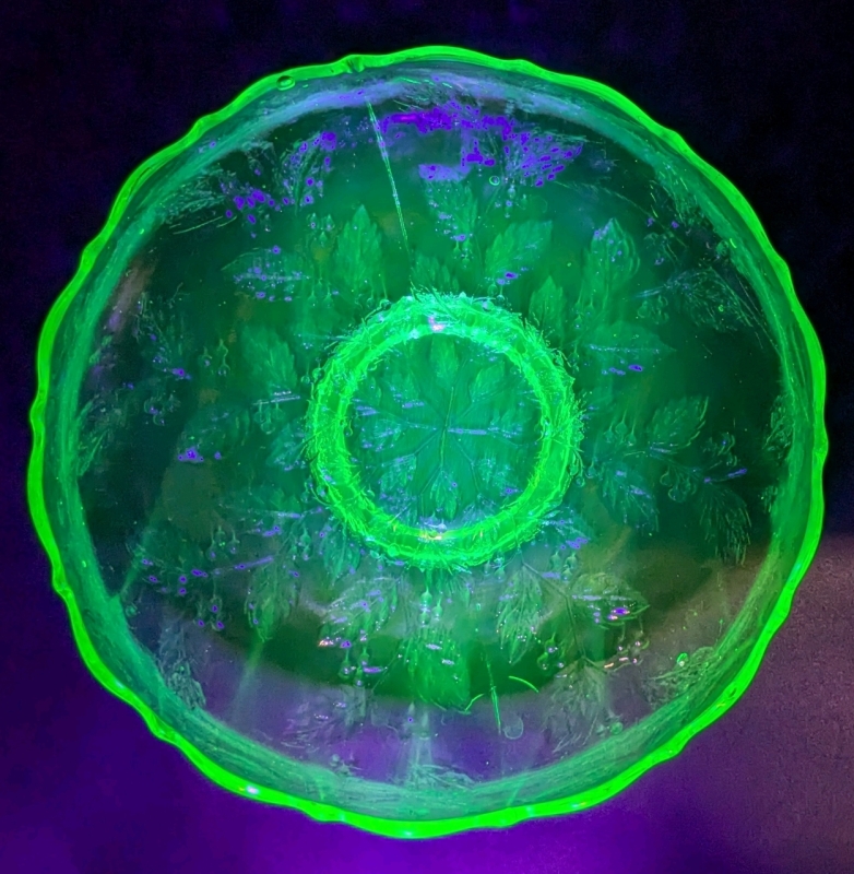 Vintage Uranium Glass Dish with Leaves & Berries Pattern | 8.5" Diameter