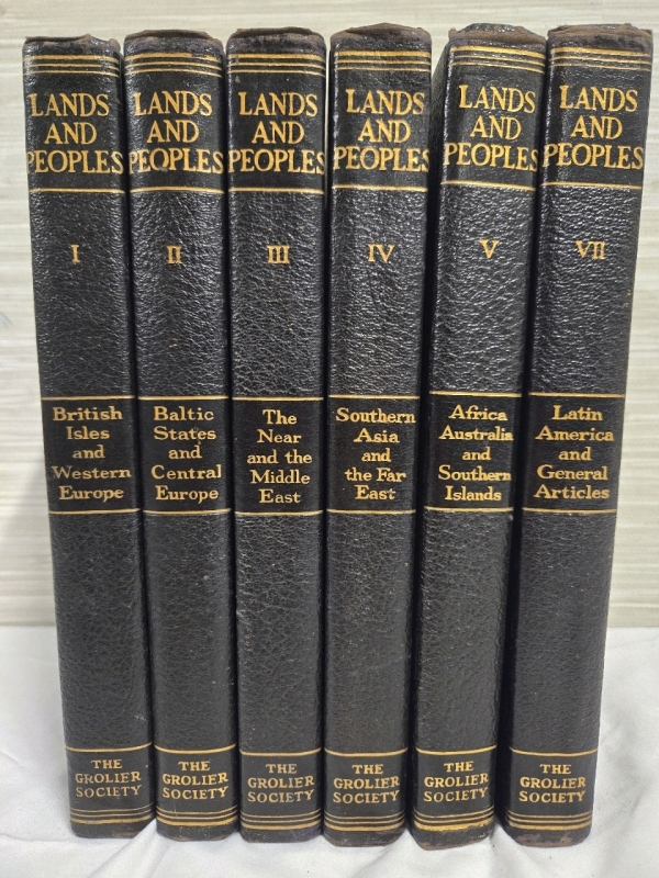 6 Vintage New Hardcover Books | Lands Of The People Volumes 1 Through 5 & 7 | Volume 1: British Isles & Westen Europe, Volumes 2: Baltic States & Central Europe, Volume 3: The Near and The Middle East, Volume 4: Southern Asia & The Far East, Volume 5: Afr