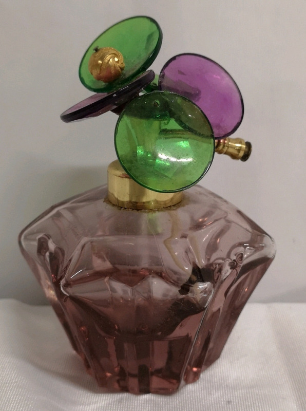 Vintage Purple Glass Perfume Bottle with Acrylic Style Floral Top