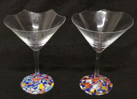 Vintage Unusual Set of 2 Hand Blown 7" Tall Mexican Glass Martini Glasses With Mulit-Coloured Feet and Irregular Shaped Edges