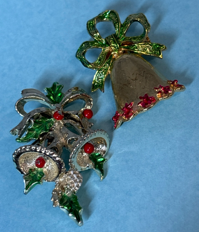 Two Vintage Enamel Work Brooches Signed Bell & Holly Berry