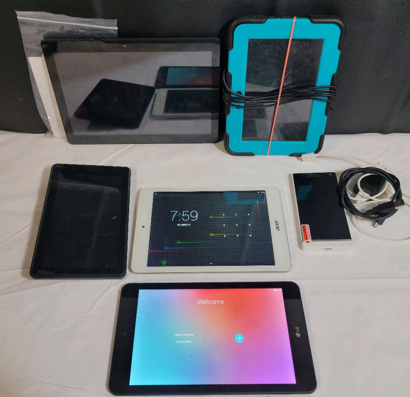 As Is - Hand Held Tablet Lot . ACER - Working , Password Protected , LG - Working Factory Reset , and Four (4) More Tablets untested but require service