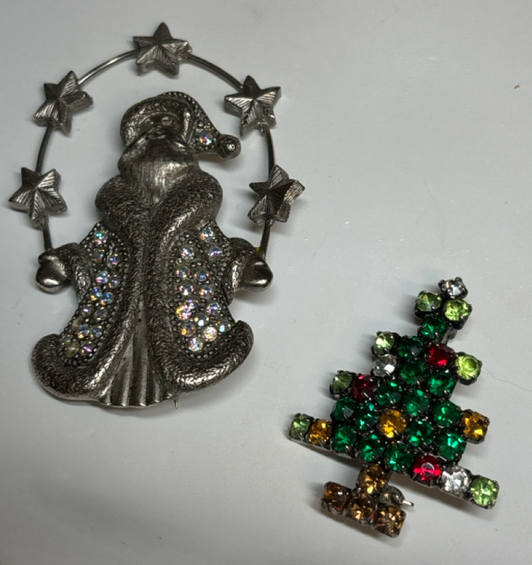 Crystal Rhinestone Tree + Santa with AB Cloak Brooches