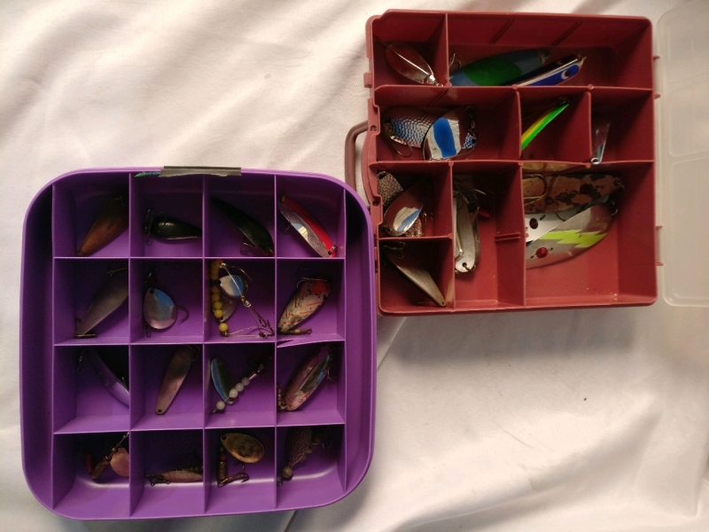 2 Containers Filled With Fishing Lures - 30+ Spinners