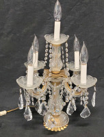 Balanced 5-Light Crystal Chandelier Table Lamp , measures 22" tall & 15"&times;15" diameter . Tested Working . All Crystals appear present