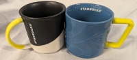 2 Starbucks 12oz Coffee Mugs. . Tallest 3.25". Blue 2021, Black 2017. In Excellent Condition, Little To No Use