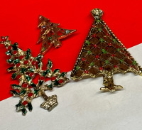 Three Vintage Festive Tree Brooches Magical