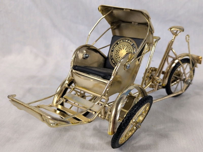 Gold Toned Vietnamese 3 Wheeled Bicycle Rickshaw Model. 6" Tall. Made in Vietnam.