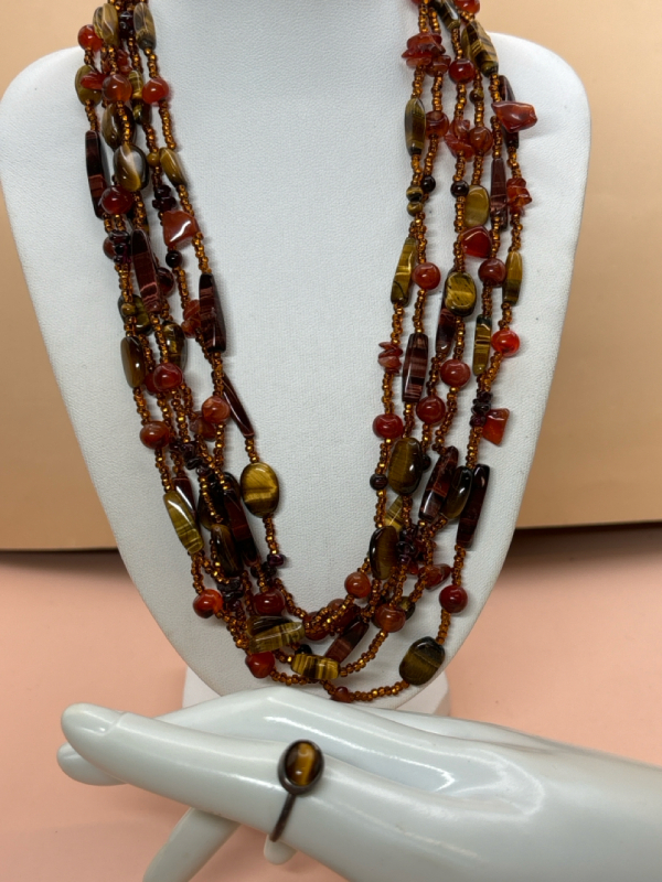 6 Strand Tigers Eye Carnelian Necklace Tigers Eye Ring