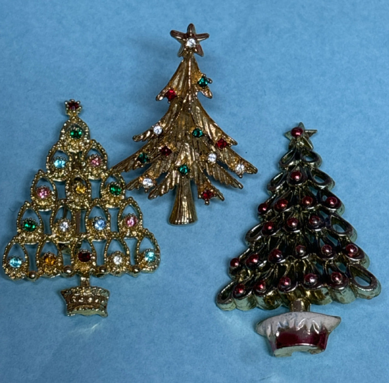 Three Vintage Christmas Tree Brooches Rhinestones + Enamel