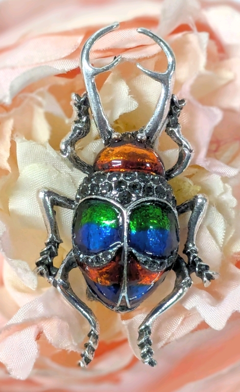 Colourful Silver Tone & Enamel Stag Beetle Brooch | 2.25" x 1.15"