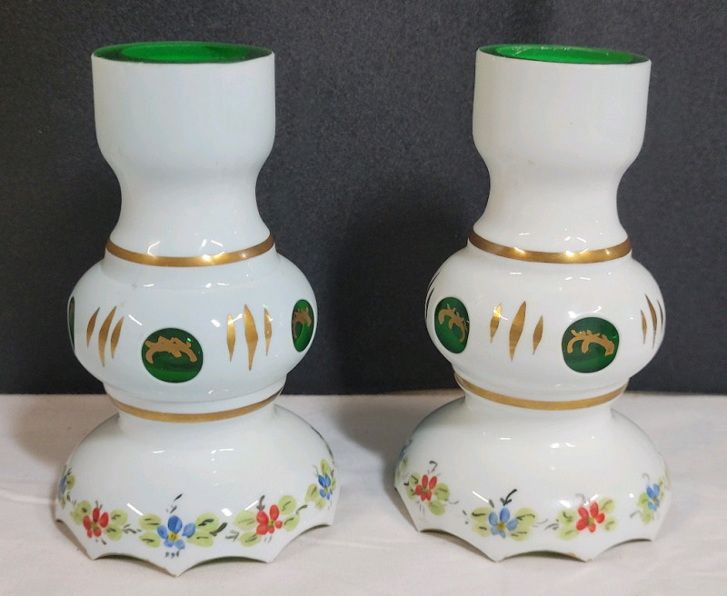 Vintage Czech Bohemian White Cased Green Glass Candle Holders , Pair . Measures 3 3/4" tall . No chips or cracks