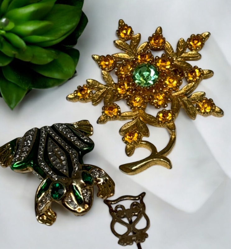 BIRKS Sterling Owl Pin Rhinestone Frog and Figural Brooches