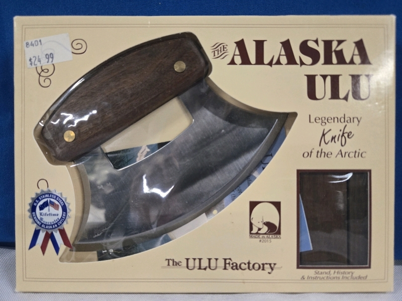 Vintage 1993 Boxed | The Alaska Ulu | The Legendary Stainless Steel Knife Of The Arctic | Includes Stand, History & Instructions | Made In Alaska | Box Measures 8½" x 6"