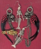 Spooky Season is Coming! Articulated Skeletal Mermaid & Skull Crossbones Feathered Festoon Earrings + Gold Tone Skeletal Hand Brooch with Red & Clear CZ Rhinestones