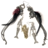 Spooky Season is Coming! Articulated Skeletal Mermaid & Skull Crossbones Feathered Festoon Earrings + Gold Tone Skeletal Hand Brooch with Red & Clear CZ Rhinestones - 6