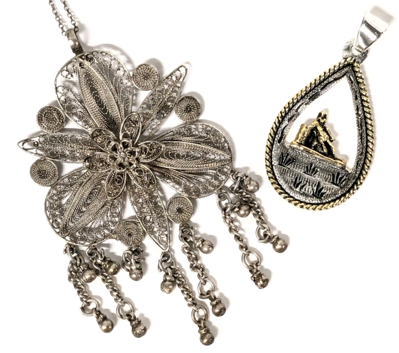 Beautiful Vintage Unsigned 800 Silver European Openwork Filigree Flower Pendant on 18" Chain & German Silver Pendant w Gold Tone Highlights