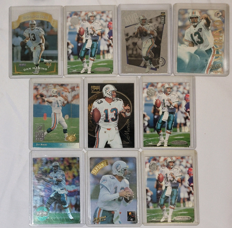 NFL Football Miami Dolphins Dan Marino Trading Card Lot , Ten (10) Cards in Protective Top Loaders