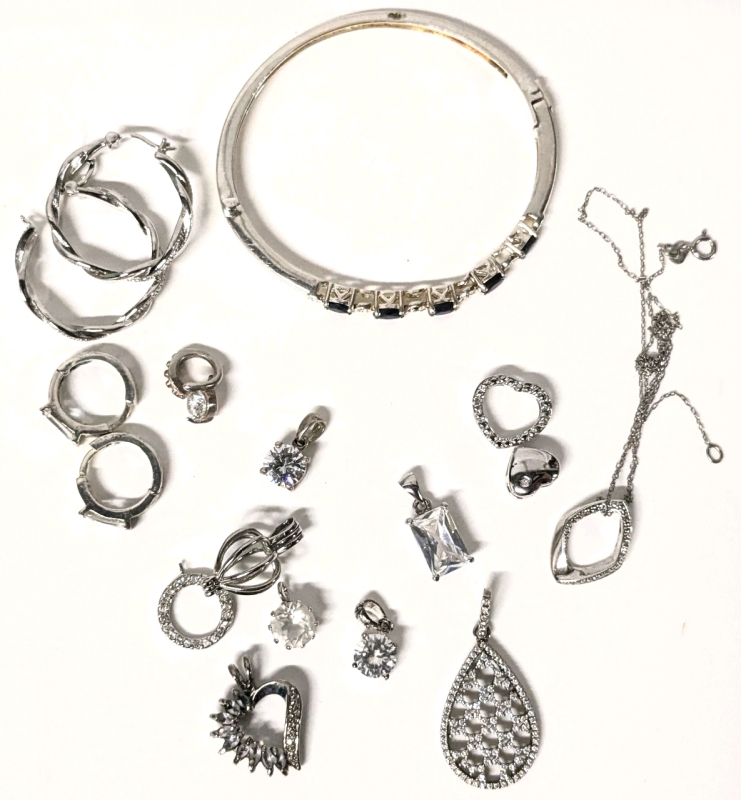 Gorgeous Stamped 925, Italy, Sterling, Plated & Silver Tone Treasures incl Sterling Bracelet w Lab Sapphires, Pendants, Charms & Earrings