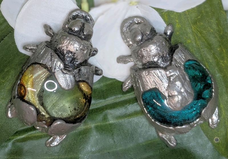 2 Vintage Handmade Oak Island Pewter & Glass Jelly Belly Beetle Pendants | 1.15" Long ea